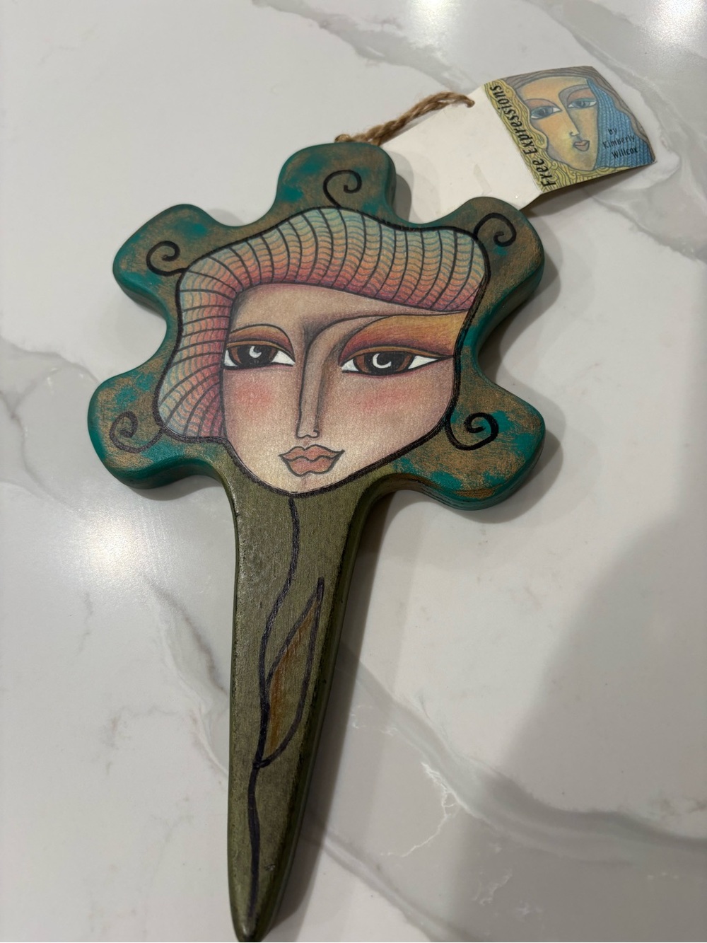 Kimberly Wilcox Teal and Pink Stylized Face Hand Held Mirror
